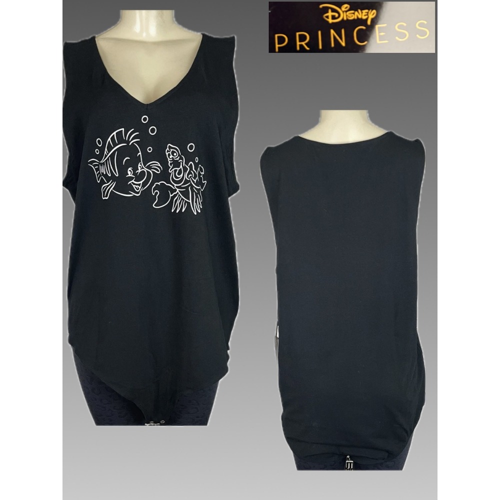 Disney Little Mermaid Flounder Sebastian Graphic Sleeveless Bodysuit Black 6X